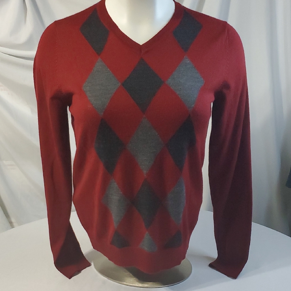 Alan Flusser EUC Burgandy/Gray Argyle V-Neck Wool Mens  Lightweight Sweater Sz M